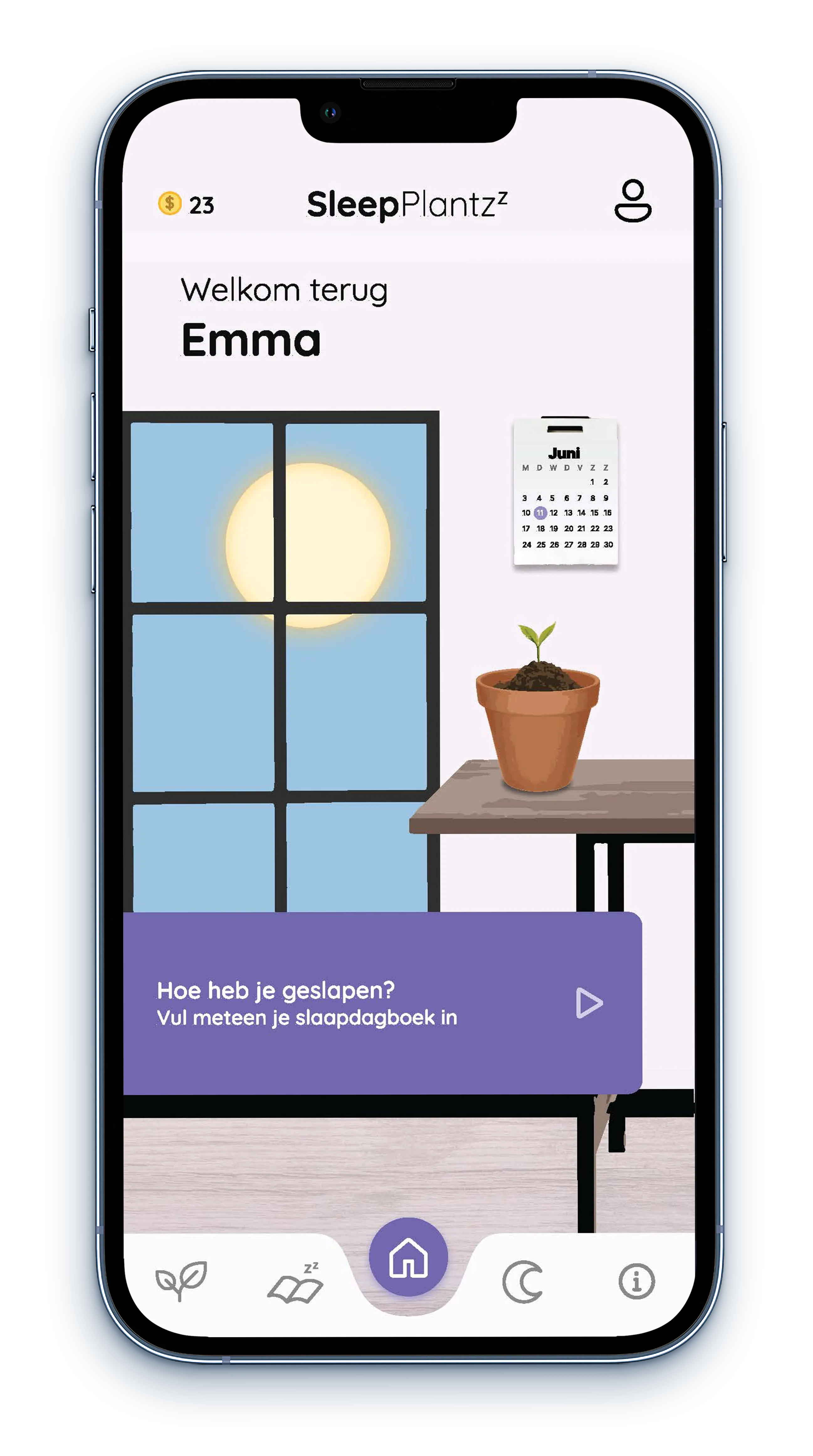 Startscherm van de SleepPlantzz-app met een plantje op tafel en de vraag "Hoe heb je geslapen?"