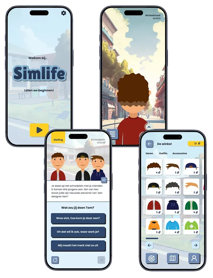 Vier schermen van SimLife: welkom, de buurt, een stelling en de winkel